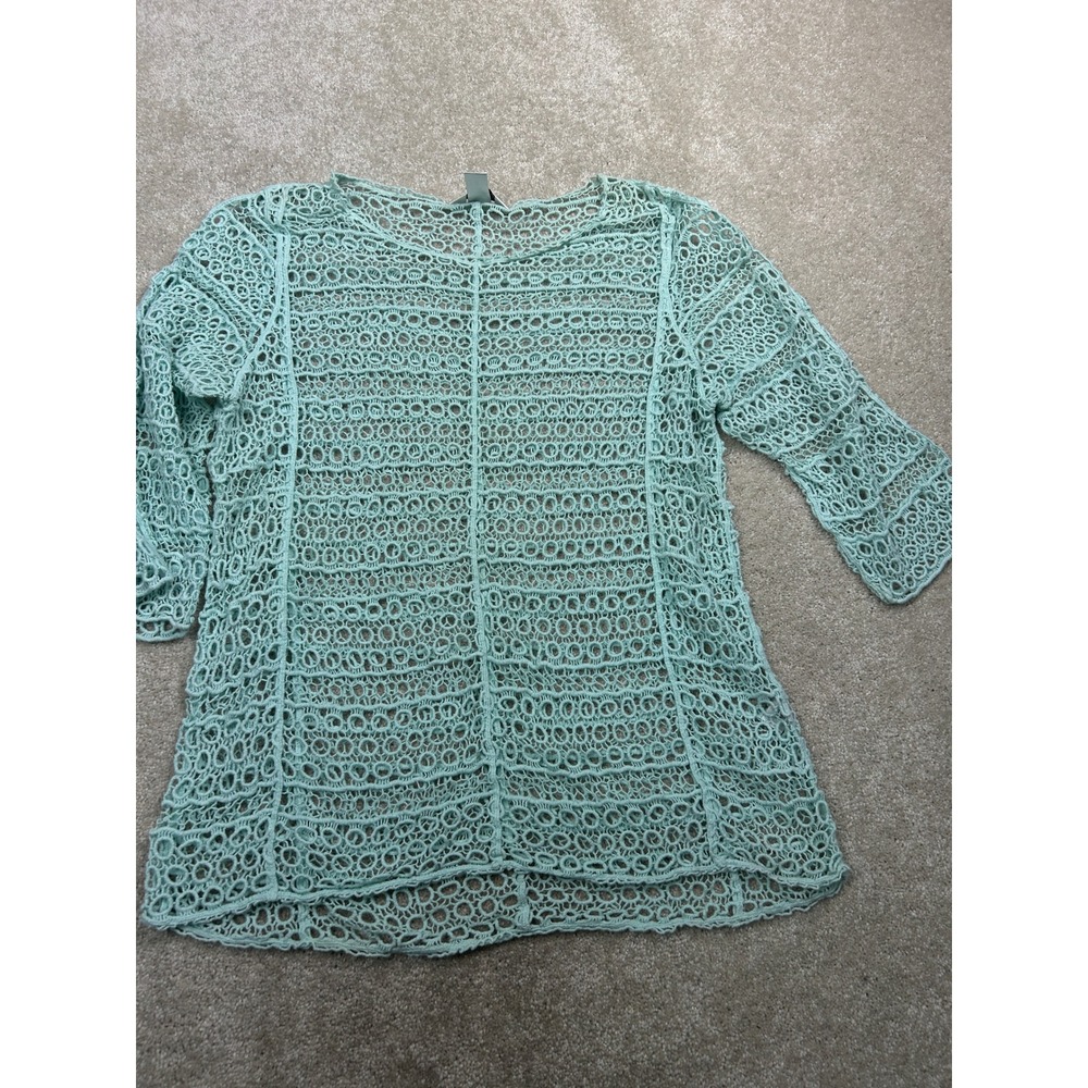 CJ Banks Crochet Open Knit Top X Aqua Mint 3/4 Sleeve Boho Coastal Mermaidcore